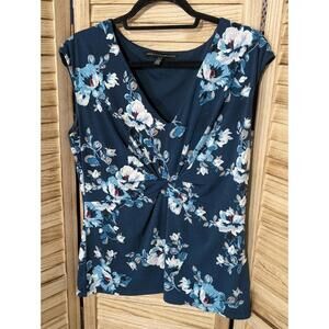 White House Black Market Women's Blue Floral V-Neck Tank Top Size Large